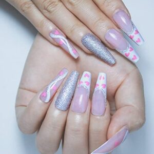 French Tip Press on Nails Long Coffin Fake Nails With Glue Glitter Full cover Fake Nails with Pink Little Heart Glitter Line Design static nails Reusable Acrylic Nails Glue on nails for Women Girls 24Pcs
