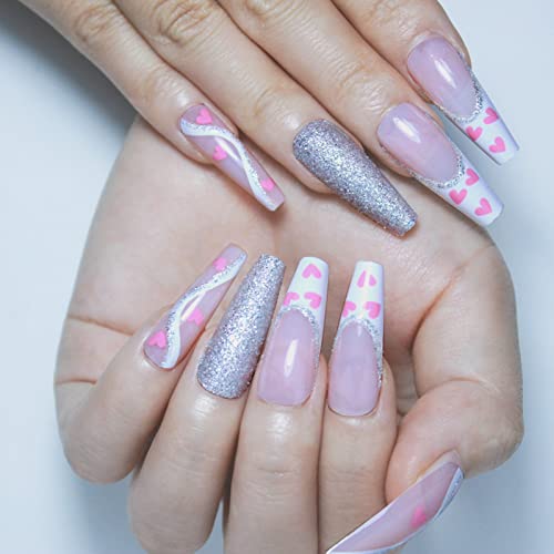 French Tip Press on Nails Long Coffin Fake Nails With Glue Glitter Full cover Fake Nails with Pink Little Heart Glitter Line Design static nails Reusable Acrylic Nails Glue on nails for Women Girls 24Pcs