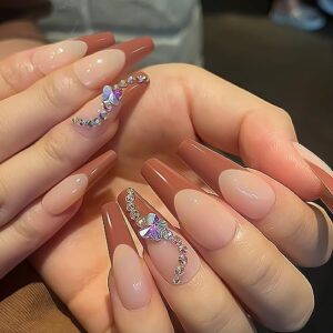 French Tip Press on Nails Long Coffin Nails for Women False Nails with Butterfly Design Acrylic Press on Glue on Nails Ballerina French Nails Gloss Artificial Stick on Nails 24PCS