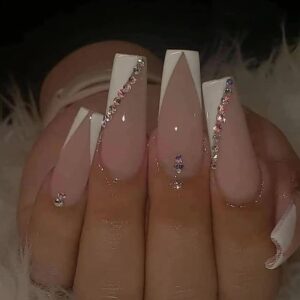 French Tip Press on Nails Long Coffin Rhinestone White Fake Nails Pink Acrylic False Nails Shiny Glue on Nails for Women and Girls 24PCS