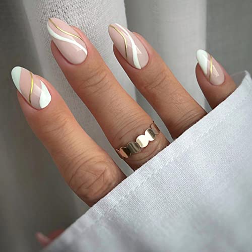 French Tip Press on Nails Medium Almond Fake Nails Nude Full Cover Acrylic False Nails Cute Glue on Nails with Golden Line Design Stick on Nails for Women and Girls 24Pcs
