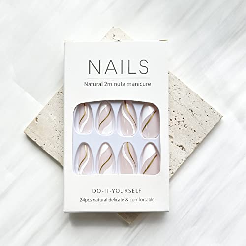 French Tip Press on Nails Medium Almond Fake Nails Nude Full Cover Acrylic False Nails Cute Glue on Nails with Golden Line Design Stick on Nails for Women and Girls 24Pcs - Image 5