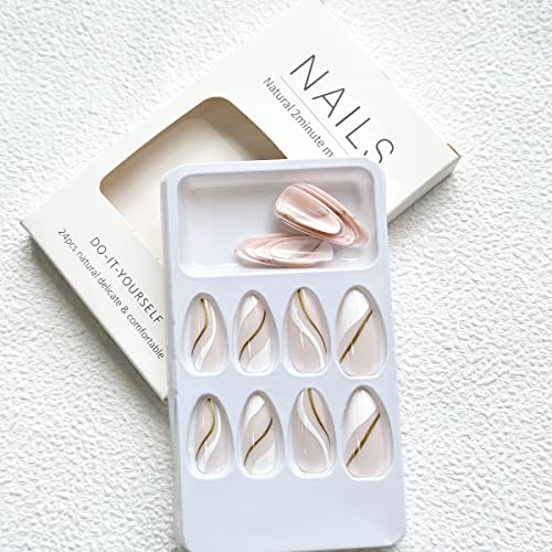 French Tip Press on Nails Medium Almond Fake Nails Nude Full Cover Acrylic False Nails Cute Glue on Nails with Golden Line Design Stick on Nails for Women and Girls 24Pcs - Image 4