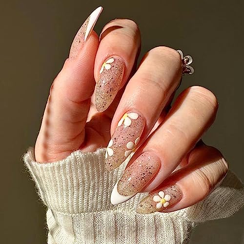 French Tip Press On Nails Medium Almond Shaped Fake Nails Glitter Pink White Flower Designs Acrylic Stick on Full Cover False Nails for Women W569