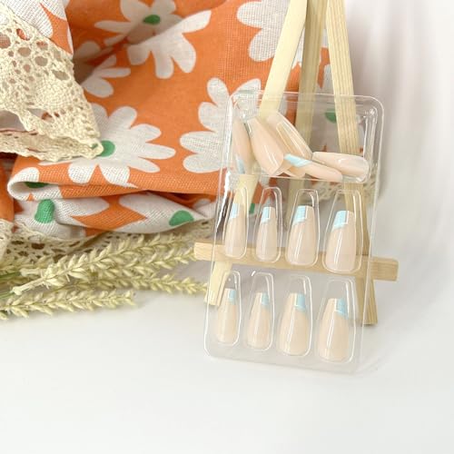 French Tip Press on Nails Medium Coffin Fake Nails Green Blue Glue on Nails Swirl False Nails with Design Acrylic Nails Full Cover Glossy Stick on Nails Artificial Nails for Women Girls - Image 4