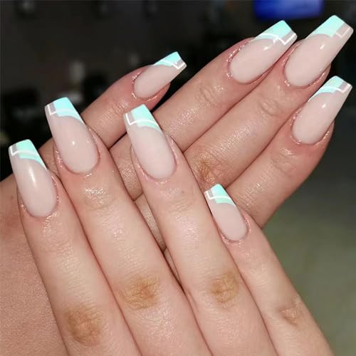 French Tip Press on Nails Medium Coffin Fake Nails Green Blue Glue on Nails Swirl False Nails with Design Acrylic Nails Full Cover Glossy Stick on Nails Artificial Nails for Women Girls