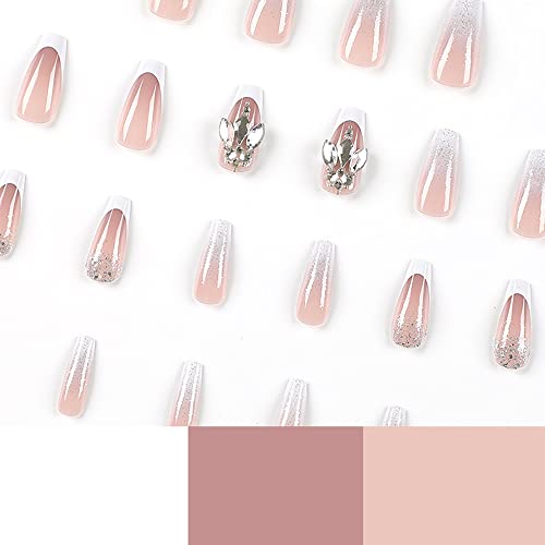 French Tip Press on Nails Medium Length Coffin Fake Nails with Rhinestones Design Glue on Nails Silver Glitter Full Cover False Nails Glossy Stick on Nails for Women Girls 24Pcs - Image 5