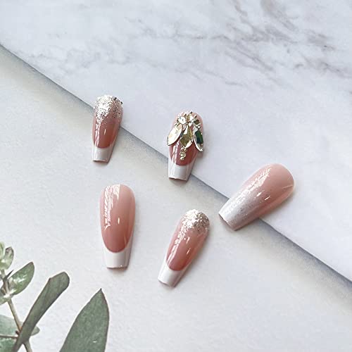 French Tip Press on Nails Medium Length Coffin Fake Nails with Rhinestones Design Glue on Nails Silver Glitter Full Cover False Nails Glossy Stick on Nails for Women Girls 24Pcs - Image 4