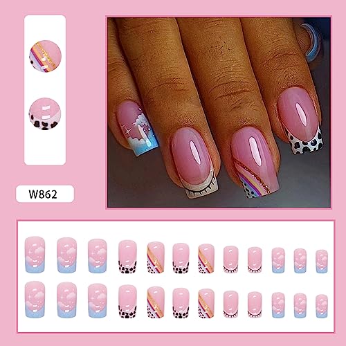 French Tip Press on Nails Medium Square Fake Nails Sky,Cow Pattern,Rainbow Designs Fake Nails Full Cover Pink Stick on Nails Acrylic Artificial Nails Glue on Nails for Women Girls Nail Art Decorations - Image 2