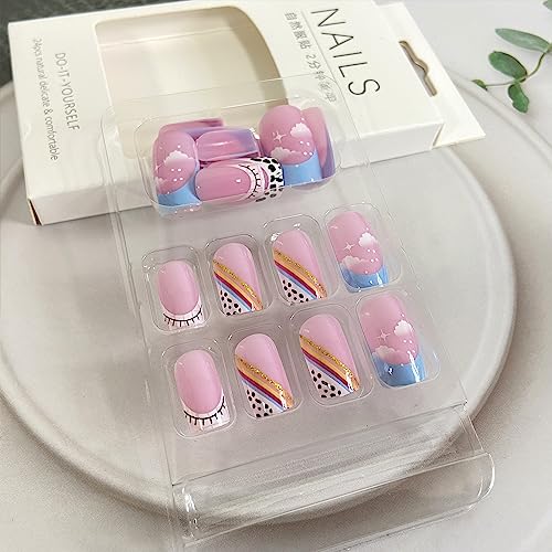 French Tip Press on Nails Medium Square Fake Nails Sky,Cow Pattern,Rainbow Designs Fake Nails Full Cover Pink Stick on Nails Acrylic Artificial Nails Glue on Nails for Women Girls Nail Art Decorations - Image 5