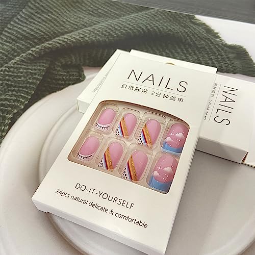 French Tip Press on Nails Medium Square Fake Nails Sky,Cow Pattern,Rainbow Designs Fake Nails Full Cover Pink Stick on Nails Acrylic Artificial Nails Glue on Nails for Women Girls Nail Art Decorations - Image 4