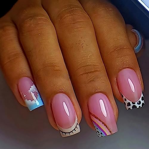 French Tip Press on Nails Medium Square Fake Nails Sky,Cow Pattern,Rainbow Designs Fake Nails Full Cover Pink Stick on Nails Acrylic Artificial Nails Glue on Nails for Women Girls Nail Art Decorations