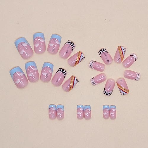 French Tip Press on Nails Medium Square Fake Nails Sky,Cow Pattern,Rainbow Designs Fake Nails Full Cover Pink Stick on Nails Acrylic Artificial Nails Glue on Nails for Women Girls Nail Art Decorations - Image 3