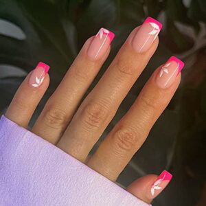 French Tip Press on Nails Medium Square Fake Nails with Leaf Design Rose Red Full Cover Coffin Nails Tip False Nails Artificial Acrylic Glue on Nails French Stick on Nails Decoration for Women 24Pcs