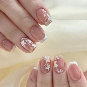 French Tip Press on Nails Short Acrylic Nails with White Flower Designs 24pcs Full Cover