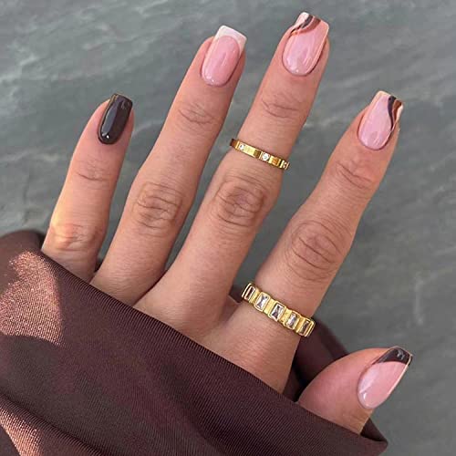 French Tip Press on Nails Short Glossy Fake Nails with Beveled Wave Designs Acrylic Square Shape False Nails, Tender Simple Full Cover French Nail Tips Decoration for Women&Girls, 24Pcs
