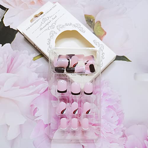 French Tip Press on Nails Short Glossy Fake Nails with Beveled Wave Designs Acrylic Square Shape False Nails, Tender Simple Full Cover French Nail Tips Decoration for Women&Girls, 24Pcs - Image 7