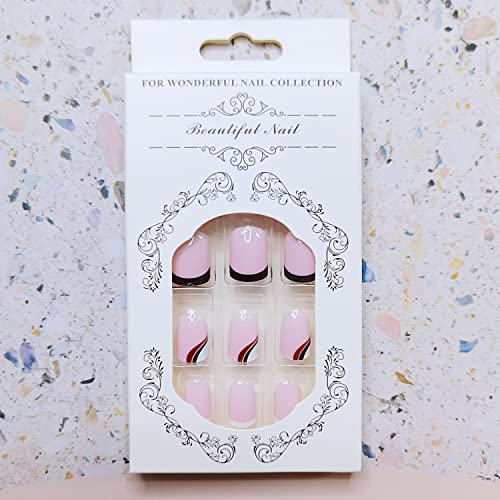 French Tip Press on Nails Short Glossy Fake Nails with Beveled Wave Designs Acrylic Square Shape False Nails, Tender Simple Full Cover French Nail Tips Decoration for Women&Girls, 24Pcs - Image 4