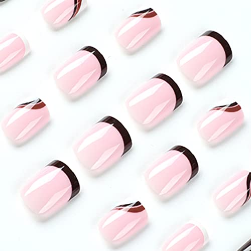 French Tip Press on Nails Short Glossy Fake Nails with Beveled Wave Designs Acrylic Square Shape False Nails, Tender Simple Full Cover French Nail Tips Decoration for Women&Girls, 24Pcs - Image 2