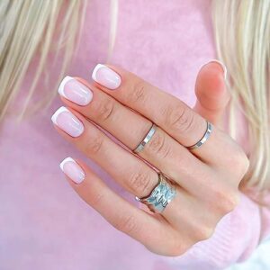 French Tip Press on Nails Short Length Classic Nude Fake Nails with Designs Square False Nails with Glue and Adhesive Tabs，Glossy Acrylic Artificial Nails for Women Girls 24pcs