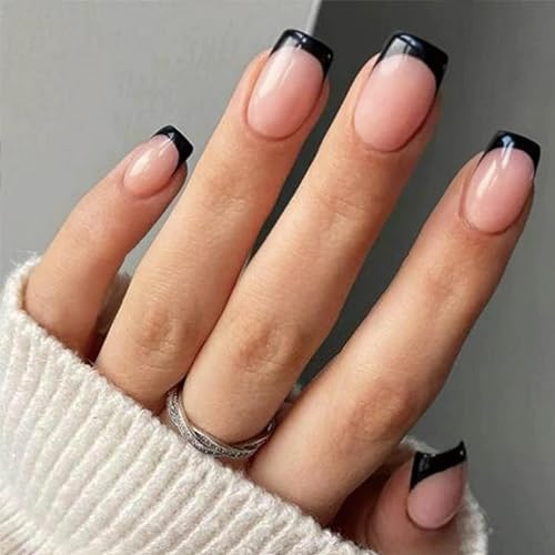 French Tip Press on Nails Short Square Fake Nails Black Edge Full Cover Glue on Nails Glossy Black False Nails Nude Pink Reusable Stick on Nails for Women Girls DIY Nails Art Decoration 24Pcs