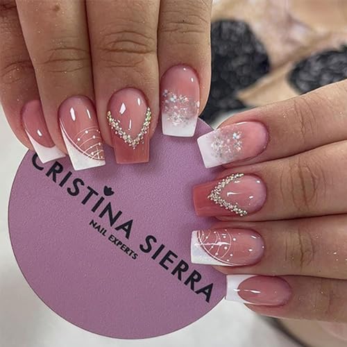 French Tip Press on Nails Short Square Fake Nails Pink False Nails with Designs Glitter Stick on Nails Full Cover Acrylic Nails Artificial Glossy Glue on Nails for Women Nails Manicure 24Pcs