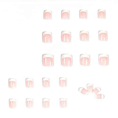French Tip Press on Nails Short Square Fake Nails Pink False Nails with White Tip Designs Glue on Nails Cute Stick on Nails Full Cover Nude Acrylic Nails Glossy Artificial Nails for DIY Decoration - Image 4
