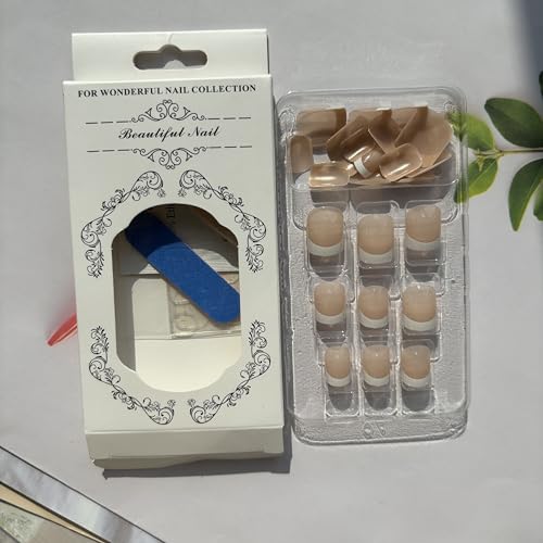 French Tip Press on Nails Short Square Fake Nails Pink False Nails with White Tip Designs Glue on Nails Cute Stick on Nails Full Cover Nude Acrylic Nails Glossy Artificial Nails for DIY Decoration - Image 7