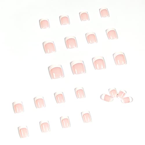 French Tip Press on Nails Short Square Fake Nails Pink False Nails with White Tip Designs Glue on Nails Cute Stick on Nails Full Cover Nude Acrylic Nails Glossy Artificial Nails for DIY Decoration - Image 5