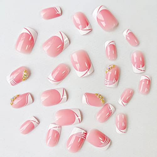 French Tip Press on Nails Short Square Fake Nails White Tips Pink Glue on Nails with Rhinestones Designs Short French Acrylic Nails Square Shape Stick on Nails for Women Manicure Decorations, 24pcs - Image 5