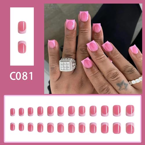 French Tip Press on Nails Square Fake Nails Pink Press on Acrylic Nails Glossy Square Glue on Nails Short False Nails with Designs Solid Color Stick on Nails Extra Short Static Nails for Women Girls - Image 7