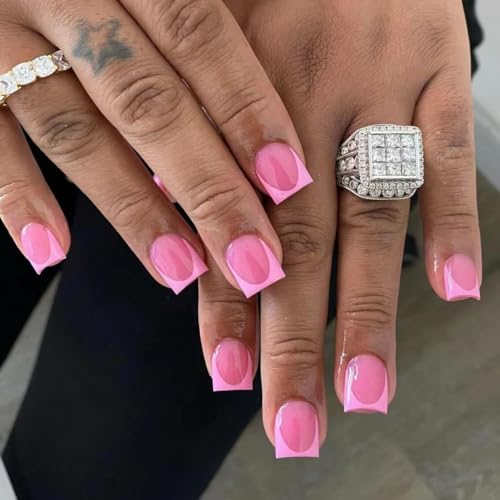 French Tip Press on Nails Square Fake Nails Pink Press on Acrylic Nails Glossy Square Glue on Nails Short False Nails with Designs Solid Color Stick on Nails Extra Short Static Nails for Women Girls