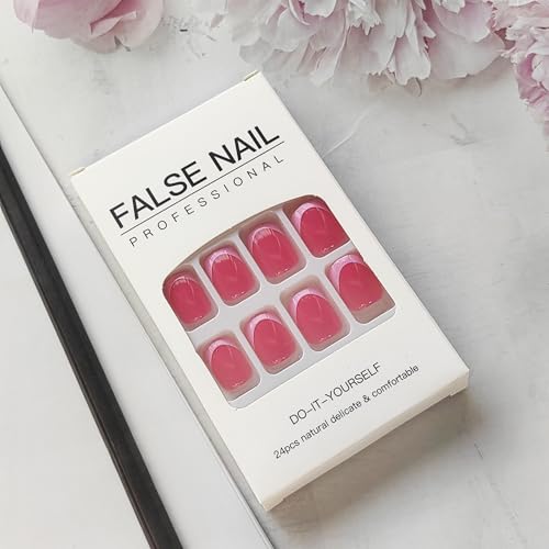 French Tip Press on Nails Square Fake Nails Pink Press on Acrylic Nails Glossy Square Glue on Nails Short False Nails with Designs Solid Color Stick on Nails Extra Short Static Nails for Women Girls - Image 6
