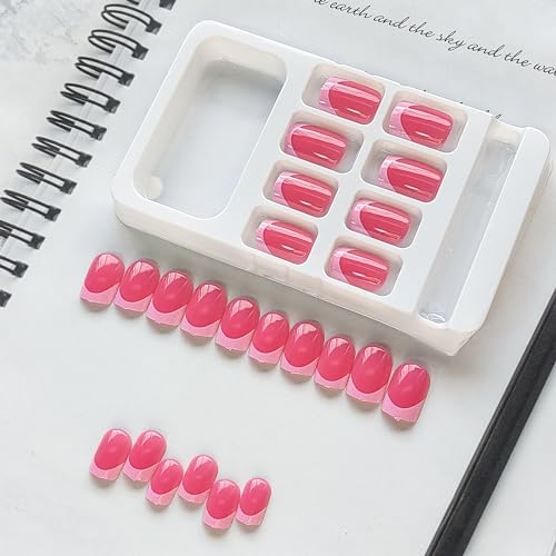 French Tip Press on Nails Square Fake Nails Pink Press on Acrylic Nails Glossy Square Glue on Nails Short False Nails with Designs Solid Color Stick on Nails Extra Short Static Nails for Women Girls - Image 5