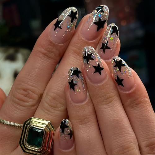 French Tip Press On Nails - Stars Press On Nails Medium Length, Nude Sparkly Acrylic Nails Glossy Almond Shape Fake Nail Tips Manicure Set Black Star Glitter False Nail Patch for Girls Women 24pcs