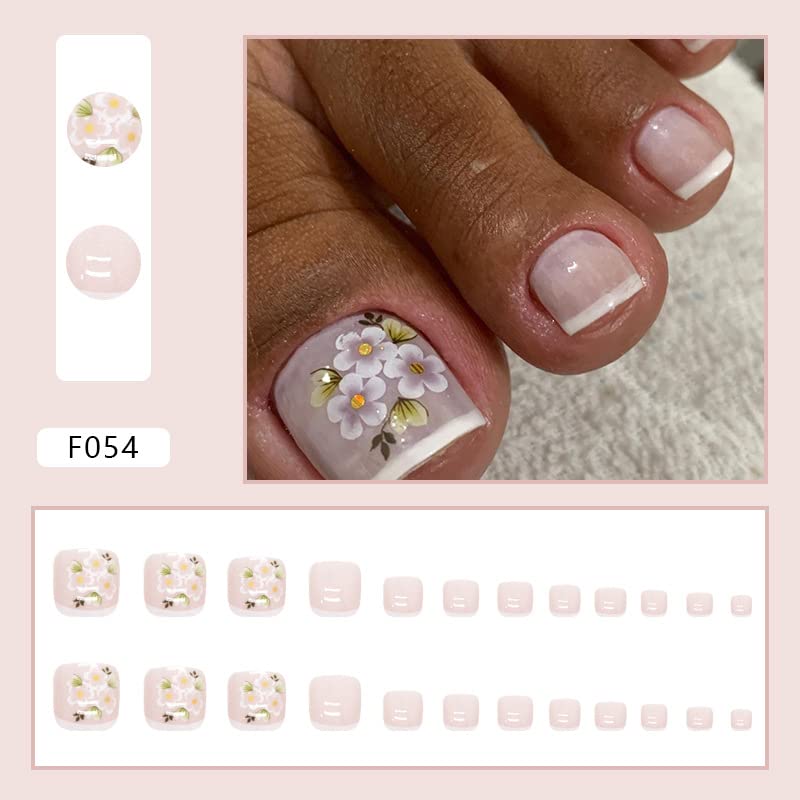 French Tip Press on Toenails Short Square Fake Toe Nails, Spring Press on Toenails with Flower Designs Acrylic Toe Nails Glossy Toe Nail Tips Glue on Toenails for Women Girls 24Pcs - Image 2