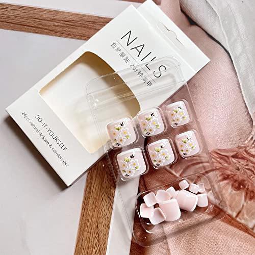 French Tip Press on Toenails Short Square Fake Toe Nails, Spring Press on Toenails with Flower Designs Acrylic Toe Nails Glossy Toe Nail Tips Glue on Toenails for Women Girls 24Pcs - Image 5