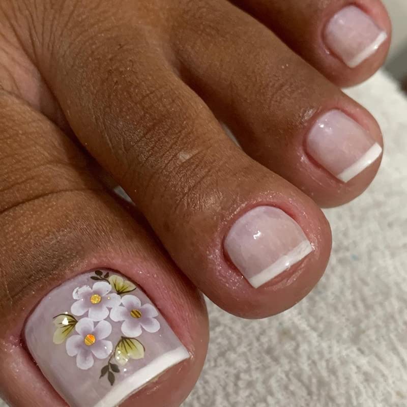 French Tip Press on Toenails Short Square Fake Toe Nails, Spring Press on Toenails with Flower Designs Acrylic Toe Nails Glossy Toe Nail Tips Glue on Toenails for Women Girls 24Pcs