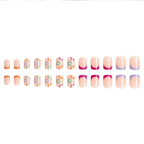 French Tips Fake Nails Square Press on Nails Short Glossy Colorful Flower False Nails with Designs Reusable Gel Glue on Nails Full Cover Acrylic Nails for Women Girls Cute Artificial Manicure Tips - Image 5