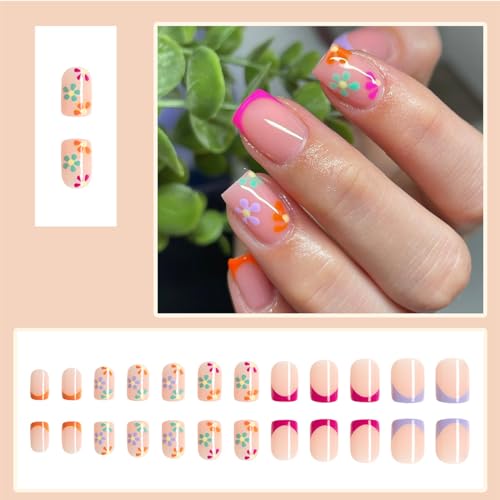 French Tips Fake Nails Square Press on Nails Short Glossy Colorful Flower False Nails with Designs Reusable Gel Glue on Nails Full Cover Acrylic Nails for Women Girls Cute Artificial Manicure Tips - Image 2