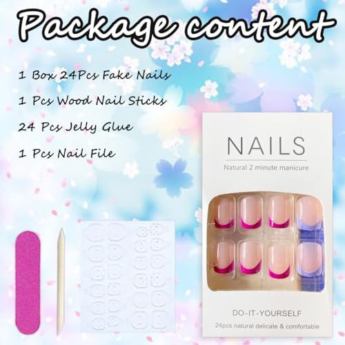French Tips Fake Nails Square Press on Nails Short Glossy Colorful Flower False Nails with Designs Reusable Gel Glue on Nails Full Cover Acrylic Nails for Women Girls Cute Artificial Manicure Tips - Image 6