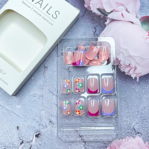 French Tips Fake Nails Square Press on Nails Short Glossy Colorful Flower False Nails with Designs Reusable Gel Glue on Nails Full Cover Acrylic Nails for Women Girls Cute Artificial Manicure Tips - Image 4