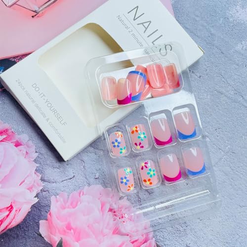 French Tips Fake Nails Square Press on Nails Short Glossy Colorful Flower False Nails with Designs Reusable Gel Glue on Nails Full Cover Acrylic Nails for Women Girls Cute Artificial Manicure Tips - Image 3