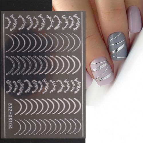 French Tips Nail Art Stickers - 3D Simple Lines Nail Stickers 6PCS Golden Rose Silver Curve Stripe Line Design French Nail Decals Self-Adhesive Nail Art Supplies Swirl Gel Nail Sliders for Women Girls - Image 7
