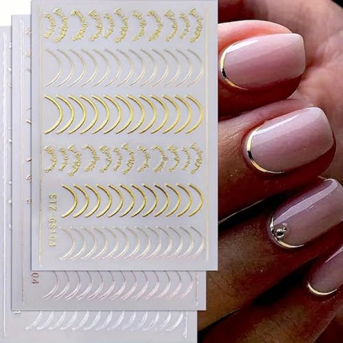French Tips Nail Art Stickers - 3D Simple Lines Nail Stickers 6PCS Golden Rose Silver Curve Stripe Line Design French Nail Decals Self-Adhesive Nail Art Supplies Swirl Gel Nail Sliders for Women Girls