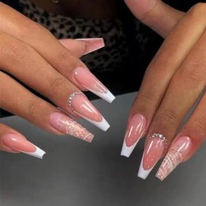 French Tips Press on Nails with Rhinestones Designs, Glossy Glitter Coffin Long Length Fake/False Nails Curve Full Cover Acrylic Nails X Glue Stick on Artificial Fingernails for Women Girls 24 Pcs Kit