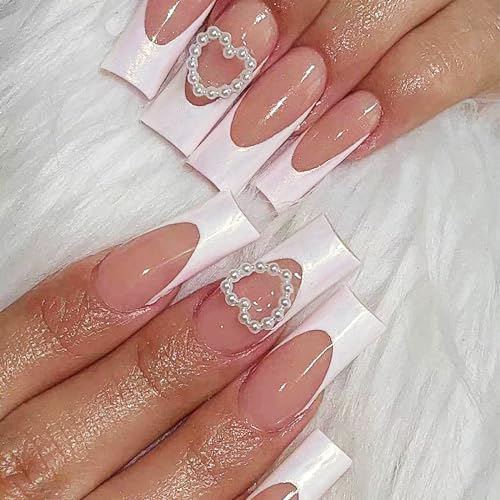French Valentine's Day Press on Nails Square Long Length Fake Nails Stick on Coffin Nails with Love Heart Rhinestones French Designs Full Cover Acrylic Nails for Women Girl Manicure Decor 24 Pcs