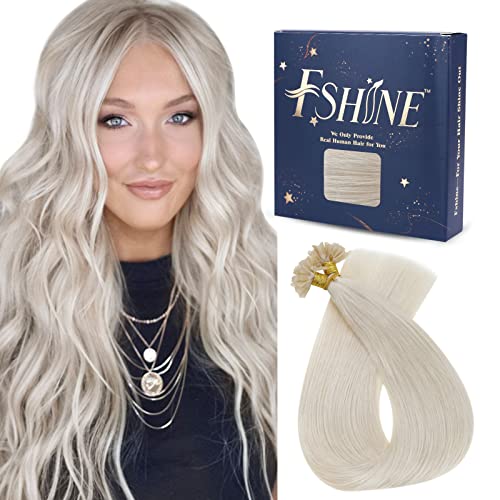 Fshine K Tip Hair Extensions Human Hair 16 Inch White Blonde Keratin Bonded Remy Human Hair Extensions Occasional Wear Thicker Hair 50g/50strands