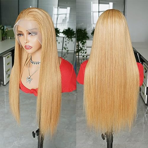 FTQZKEY Honey Blonde Straight Lace Front Wig 13x4 Transparent Lace Front Wig Human Hair 180 Density Colored Human Hair Lace Front Wigs 26 Inch Frontal Human Hair Wigs for Black Women - Image 3