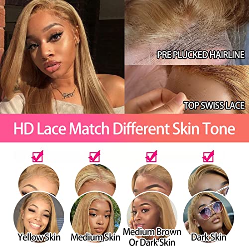 FTQZKEY Honey Blonde Straight Lace Front Wig 13x4 Transparent Lace Front Wig Human Hair 180 Density Colored Human Hair Lace Front Wigs 26 Inch Frontal Human Hair Wigs for Black Women - Image 6